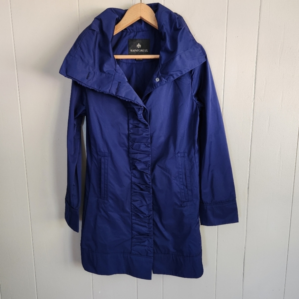Rainforest Nwot Blue Raincoat Lightweight Coat Ruched Detail Hidden Hood Xs